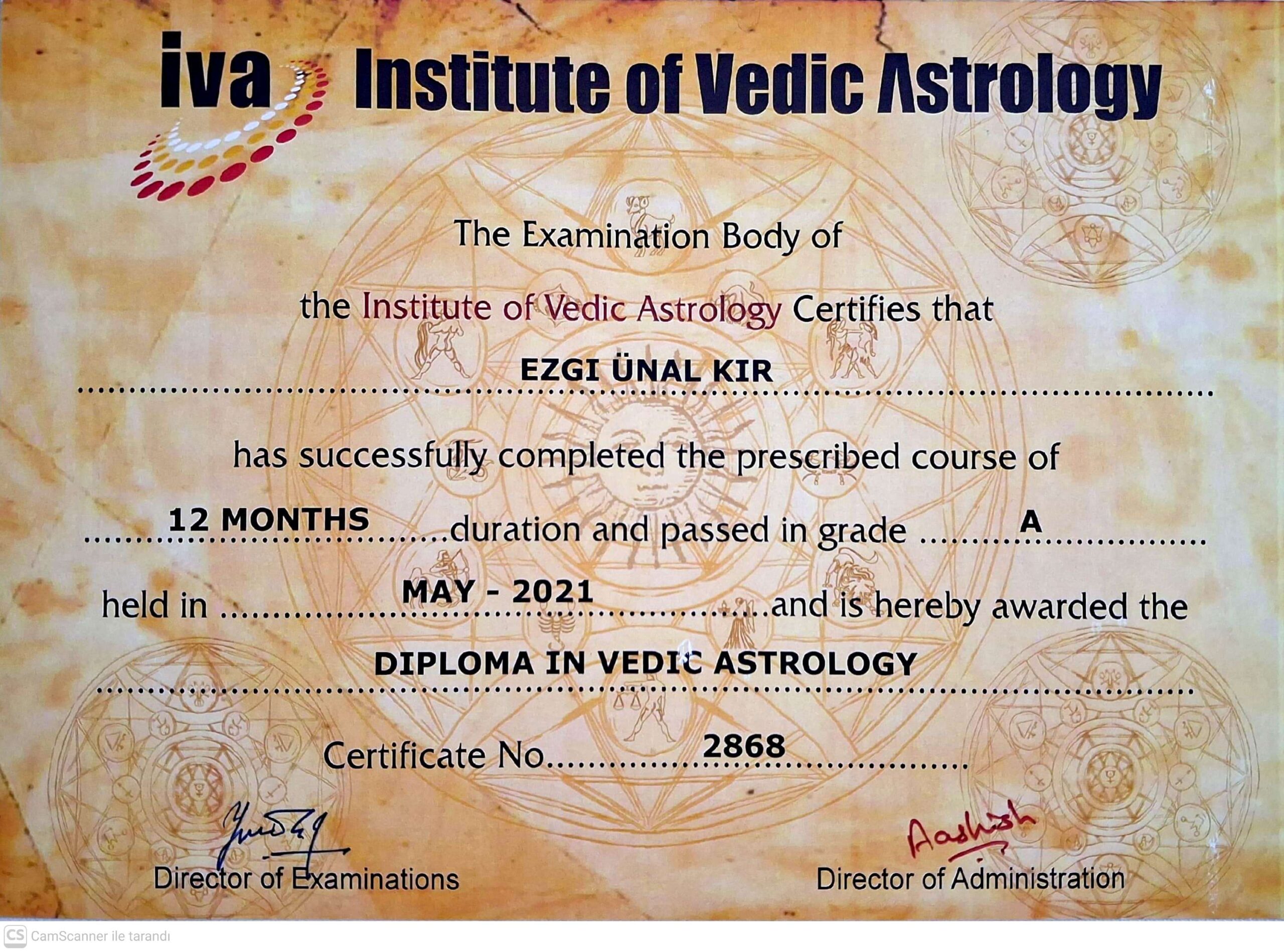Ezgi Kır — Institute of Vedic Astrology, Diploma in Vedic Astrology, Mayıs 2021